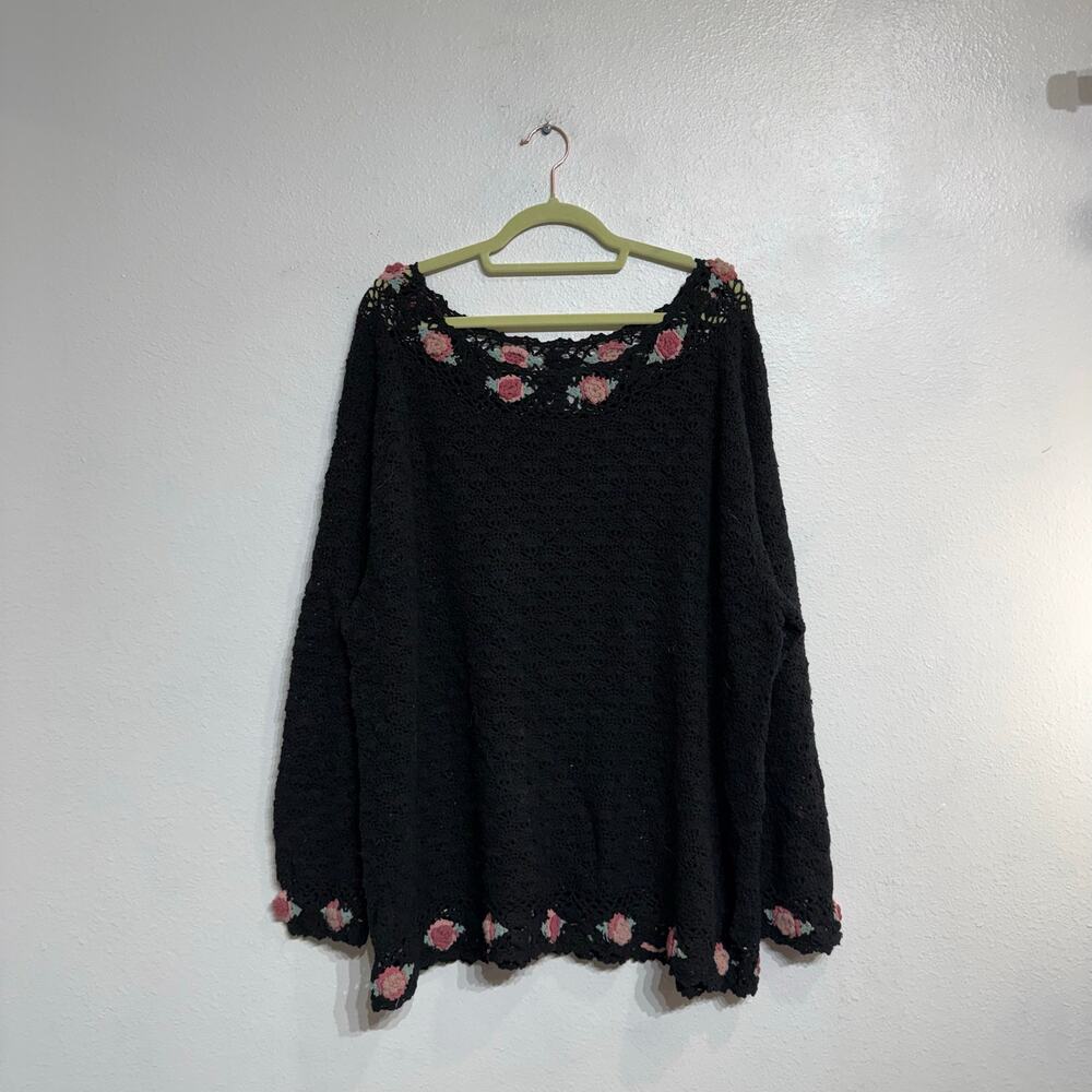 Silk Exchange Plus Crochet Knit Top Black Floral Trim Boho 90s Open Knit 3X